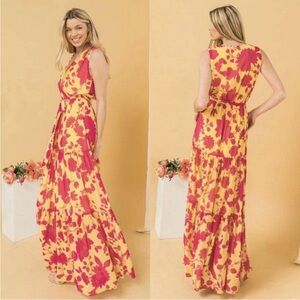 Jealous Tomato pink and yellow, Always Ready floral maxi dress EUC small